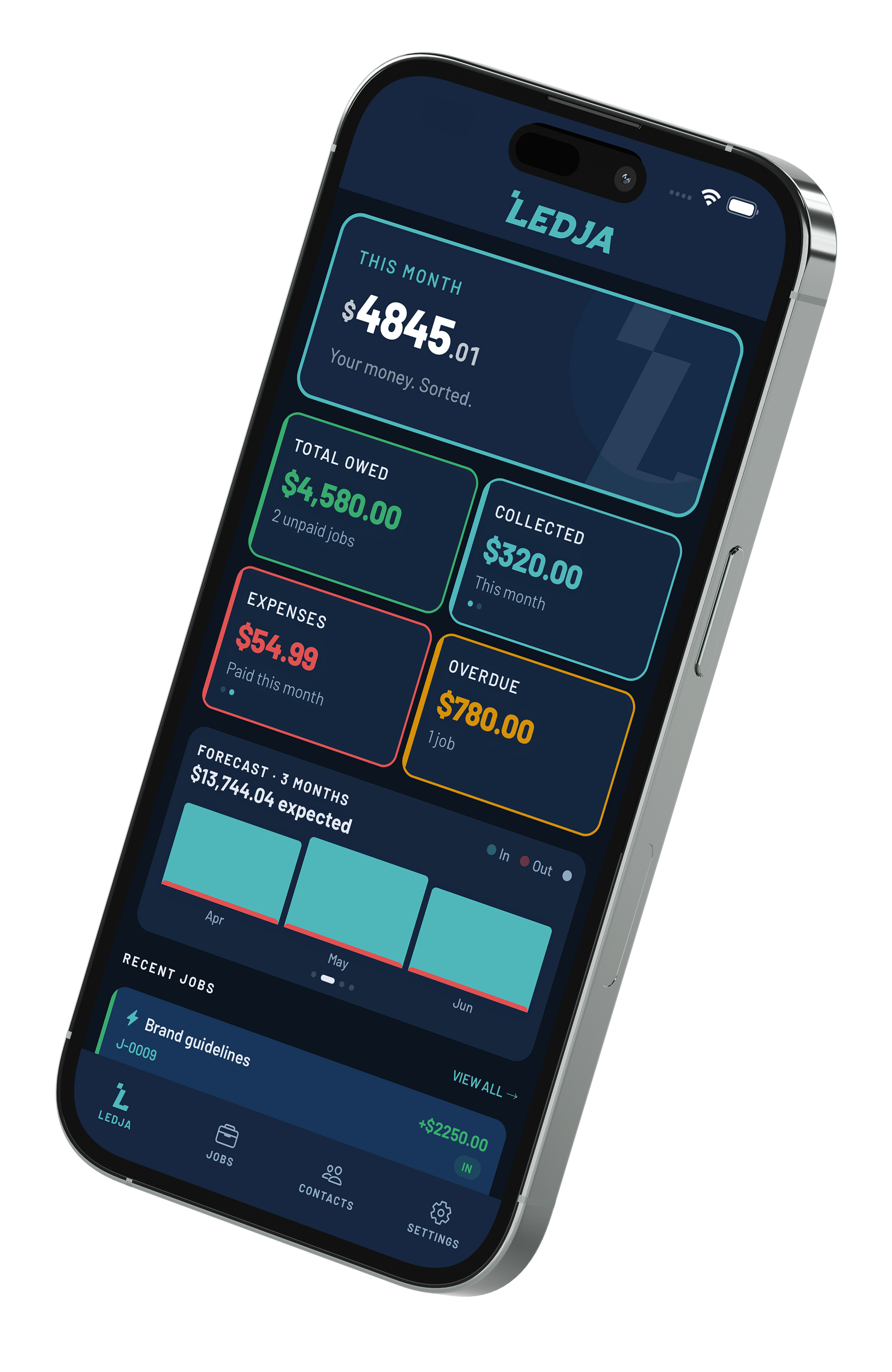 LEDJA app dashboard showing jobs and payments